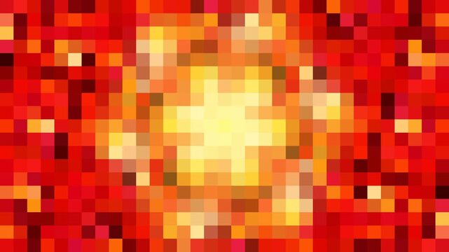 Bright red and orange pixels form a glowing golden center in a vibrant digital mosaic pattern, creating a warm geometric background for video, animation, technology, screens, and media design.