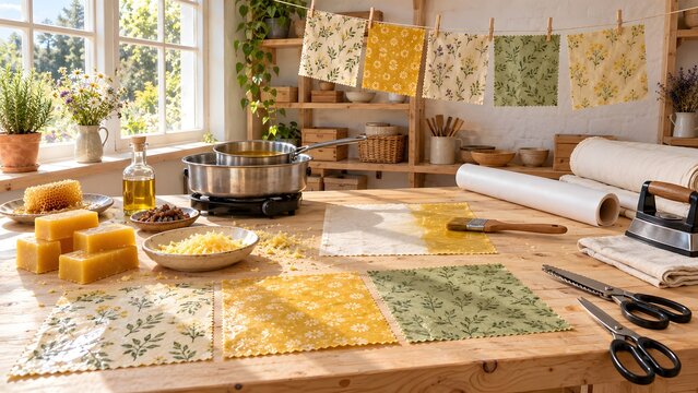 Beeswax food wrap workshop with waxed cotton squares drying on a line beeswax blocks and wax brush