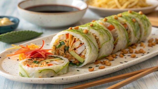 Fusion char kway teow sushi rolls served on a plate with dip and garnishes
