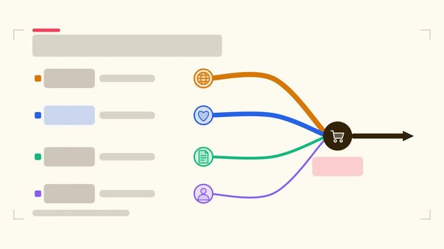 Seamless 4K looping animation of a acquisition channels infographic template with streams drawing. Flat vector shapes, icons and grey text placeholders animate on a clean light background in fresh gre