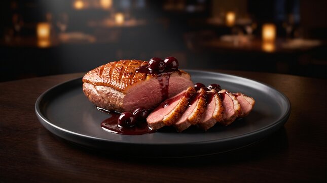 Luxury French magret de canard featuring perfectly pan seared medium rare duck breast with crispy skin dressed in a rich dark cherry jus served in a moody fine dining restaurant with glowing bokeh
