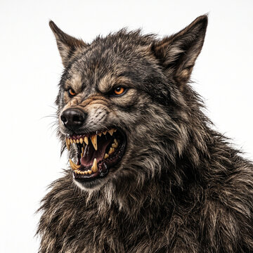 Aggressive Werewolf Portrait with Snarling Expression and Sharp Teeth Isolated on White Background for Horror Fantasy Design Concepts and Dramatic Monster Creature Imagery