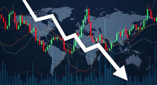 Global stock market crash with downward arrow on world map