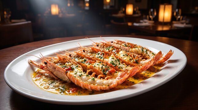 Exquisite French langoustines scampi provencale roasted in a rich garlic butter and tomato herb sauce elegantly plated in a moody luxury fine dining restaurant featuring warm glowing ambient bokeh