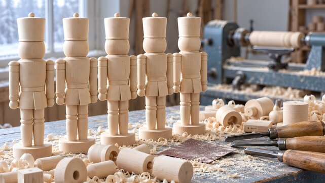 Nutcracker toy workshop close up of unpainted faceless wooden nutcracker blanks turned parts and chisels