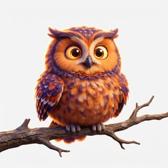 Obraz premium Adorable 3D cartoon owl, vibrant orange and purple fluffy feathers, big expressive yellow eyes. Perched on a rustic wooden branch, isolated on white. Perfect