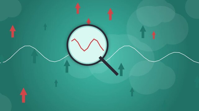 Looping stock market animation with magnifying glass analyzing green financial data line graph