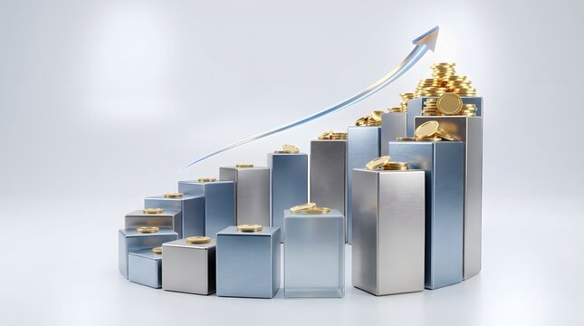 Rising bar chart made of metal blocks with gold coins representing growth