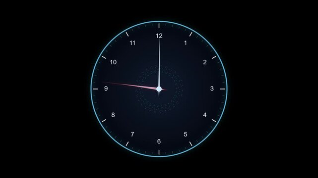 Minimalist digital clock face animation with moving hands on dark background, time watch