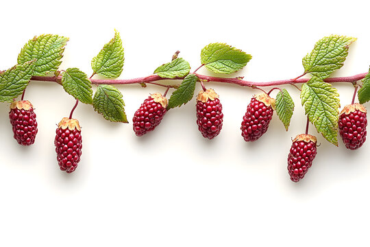 Branch of ripe tayberries with green leaves isolated on white background, group of organic red hybrid loganberries on stem, top view flat lay concept