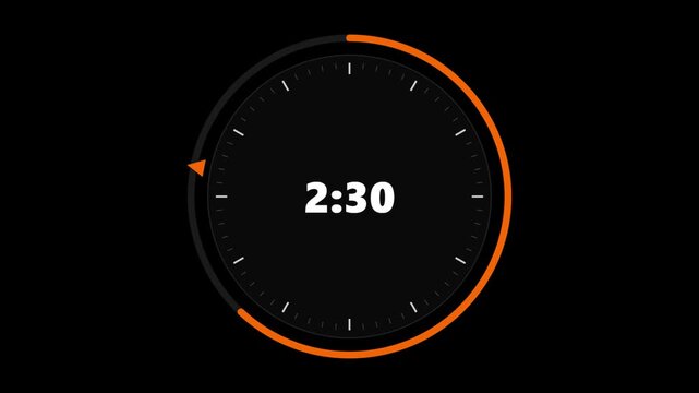 Minimalist digital countdown timer clock animation with orange progress ring on black background