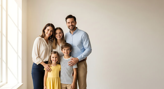 Happy young family of five standing together in a bright, empty room, smiling at the camera, celebrating new beginnings.