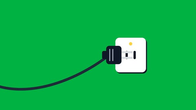 Flat design illustration of a black power plug connected to a white electrical wall socket on a vibrant green background, symbolizing energy and connection.