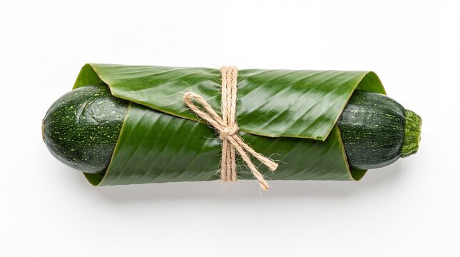 Fresh green zucchini wrapped carefully in banana leaf tied securely with rustic string on white background