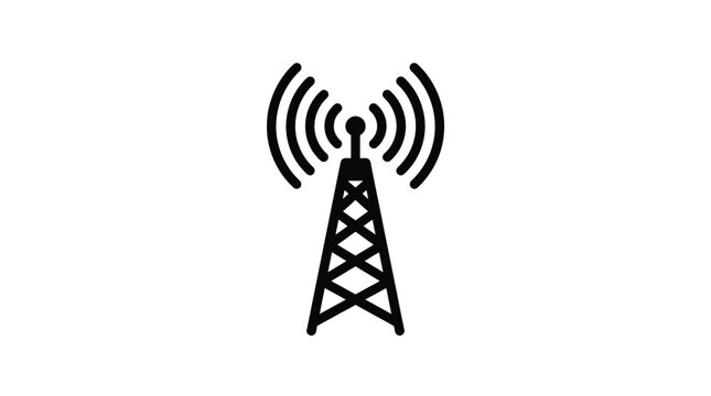 Cell tower silhouette with radiating waves on a white background