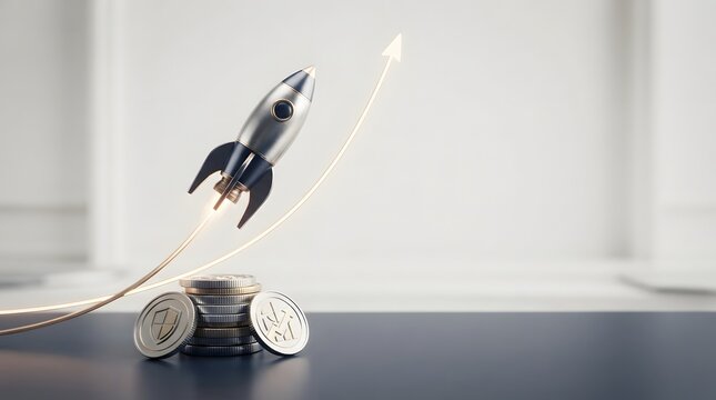 Toy rocket taking off from a stack of silver coins on table