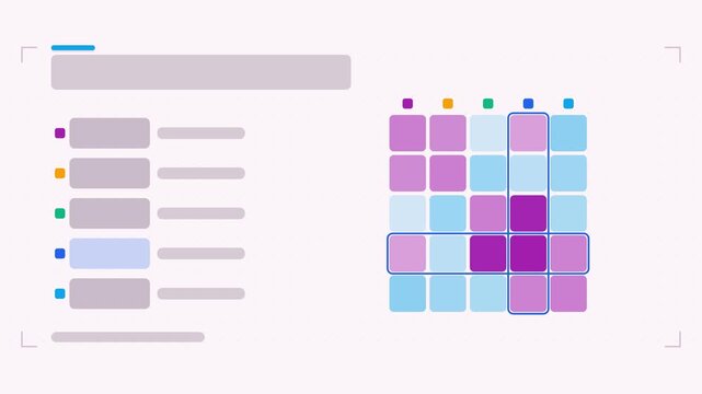 Seamless 4K looping animation of a correlation matrix infographic template with cells highlighting. Flat vector shapes, icons and grey text placeholders animate on a clean light background in purple a