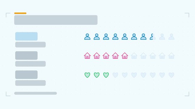 Seamless 4K looping animation of a pictogram icons infographic template with icons cascading in. Flat vector shapes, icons and grey text placeholders animate on a clean light background in blue and az