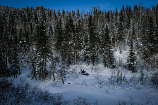 Single military vehicle lost in the boreal forest during winter training at Valcartier, Quebec, Canada