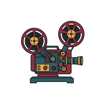A stylized vector drawing of a vintage cinema reel projector in red and blue, perfect for filmmaking, movie, and entertainment designs.
