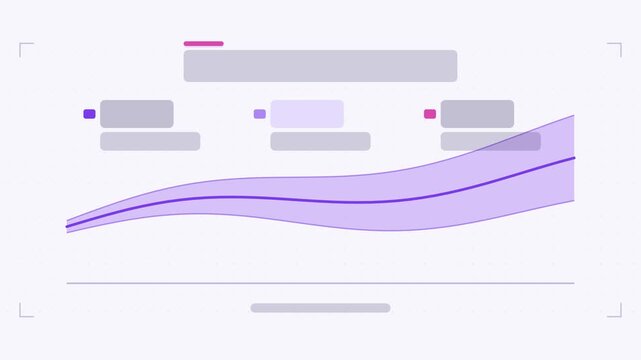 Seamless 4K looping animation of a confidence band infographic template with band drawing. Flat vector shapes, icons and grey text placeholders animate on a clean light background in purple and violet