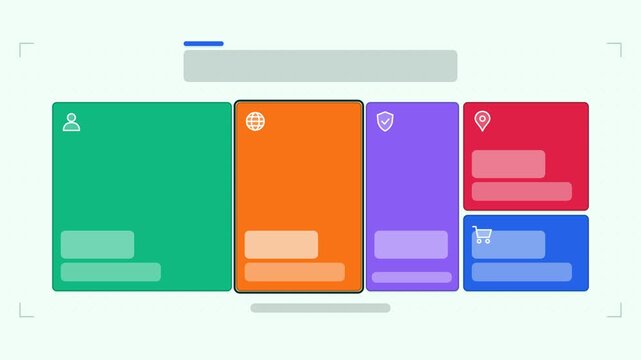 Seamless 4K looping animation of a treemap tiles infographic template with tiles assembling together. Flat vector shapes, icons and grey text placeholders animate on a clean light background in fresh 