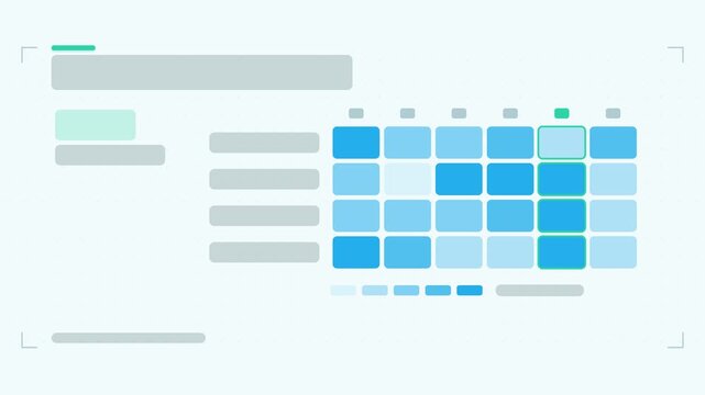 Animated heat matrix infographic in a modern flat vector style, cells cascading in a smooth 4K loop. Blank text placeholders and blue and azure accents sit on a bright light background so headings and