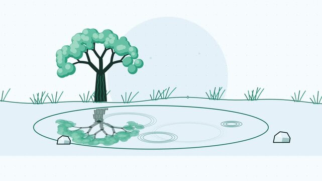Seamless 4K looping animation of puddle reflection tree rippling drops, drawn as a minimal flat vector scene in fresh green tones on a soft light background. Calm, gentle motion with plenty of empty s