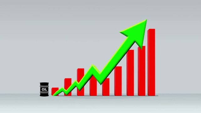 3D red bar chart with oil barrel and green up arrow, 4K video