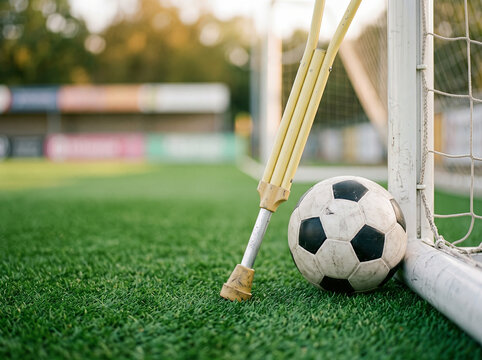 Crutches Beside Soccer Ball at Goal, Sports Injury and Recovery Concept on Football Field
