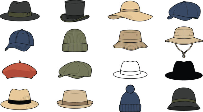 Assorted men and women hat vector icon set featuring winter beanies summer straw caps fedoras and classic headwear elements