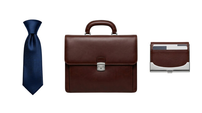 Elegant brown leather briefcase with matching card holder and blue necktie on transparent background