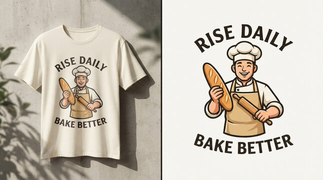 Rise Daily Bake Better TShirt Design with Chef Character.
