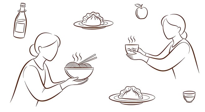 Minimalist outline of people with Asian noodles and dumplings
