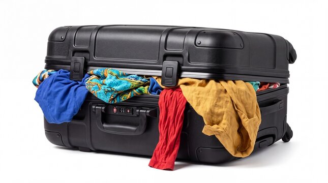 Overpacked black plastic suitcase overflowing with colorful summer clothing items isolated on white background