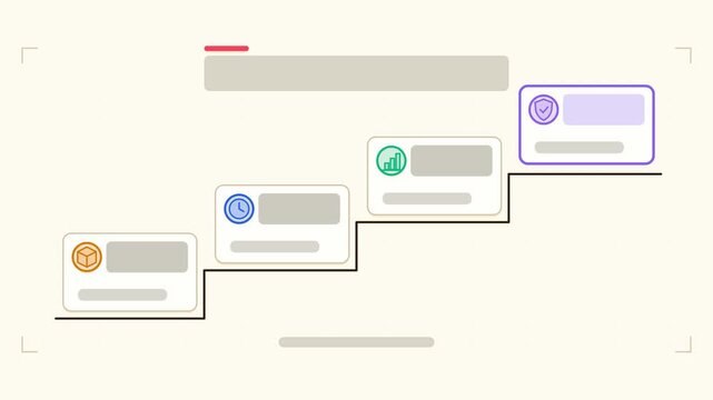 Seamless 4K looping animation of a lab workflow infographic template with steps cascading. Flat vector shapes, icons and grey text placeholders animate on a clean light background in blue and azure to