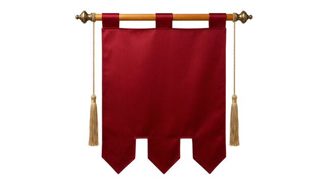Empty red velvet medieval banner hanging from wooden rod with golden tassels on transparent background
