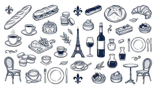 Hand Drawn French Cafe Collection with Croissants, Bread, Coffee Cups, Wine, Eiffel Tower, Bistro Chairs, Plates and Pastries