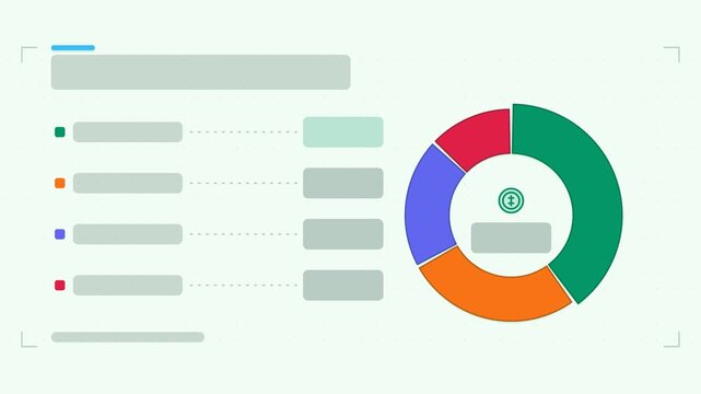 Seamless 4K looping animation of a budget breakdown infographic template with ring sweeping. Flat vector shapes, icons and grey text placeholders animate on a clean light background in fresh green ton