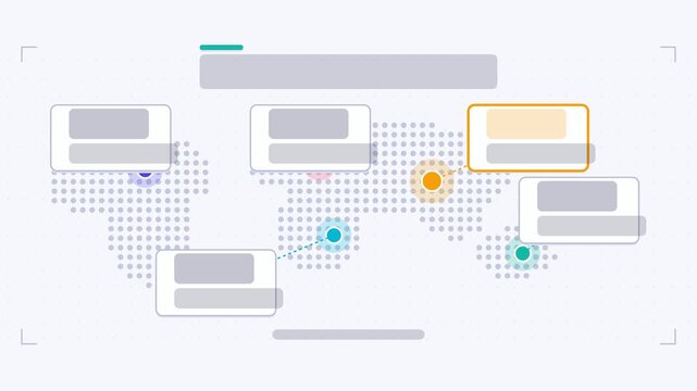 Animated world map infographic in a modern flat vector style, markers expanding in a smooth 4K loop. Blank text placeholders and yellow and gold accents sit on a bright light background so headings an