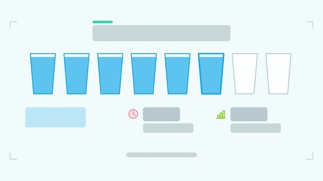 Animated hydration tracker infographic in a modern flat vector style, glasses growing in a smooth 4K loop. Blank text placeholders and blue and azure accents sit on a bright light background so headin