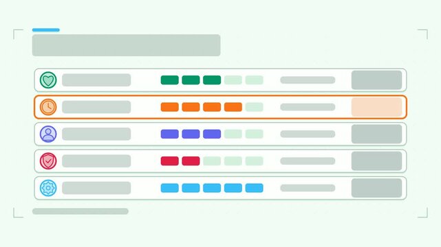 Seamless 4K looping animation of a workout plan infographic template with rows cascading. Flat vector shapes, icons and grey text placeholders animate on a clean light background in blue and azure ton