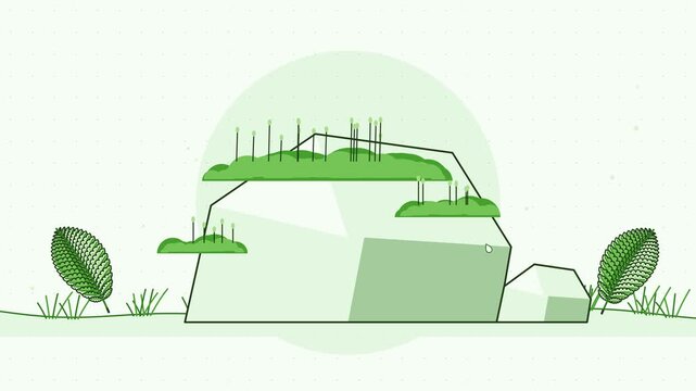 Gentle 4K seamless loop showing moss on stone softly breathing in a clean flat vector style with fresh green colours and a bright light backdrop. Slow natural movement and generous copy space. Widescr