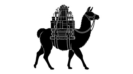 Fototapeta premium Christmas llama carrying a stack of wrapped gift boxes in black