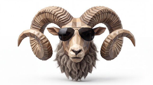 Stylized low poly ram head wearing modern sunglasses isolated on white background