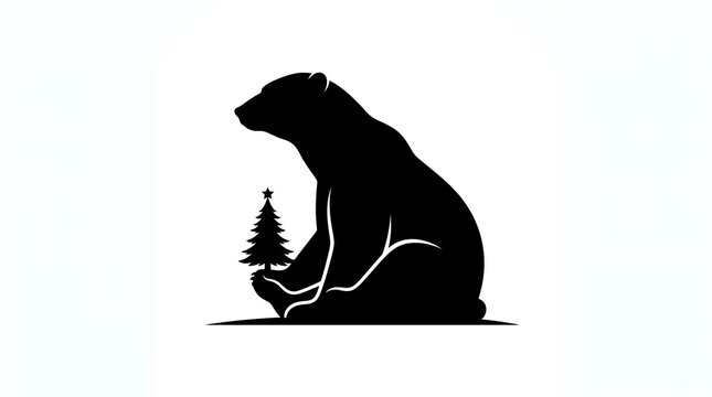 Christmas polar bear silhouette sitting with a pine tree icon
