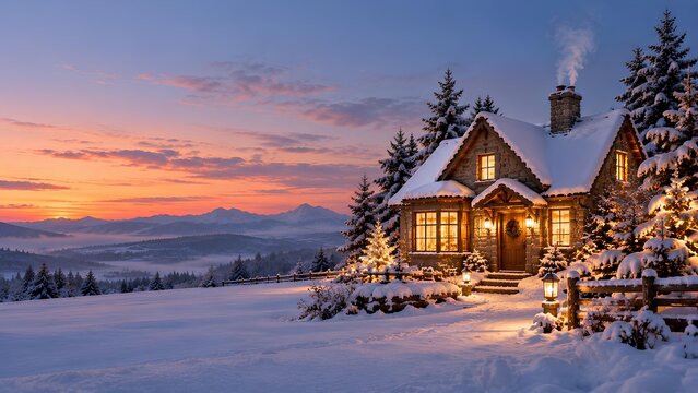雪原に静かに佇む明かりの灯った冬の山小屋と夕焼け空。（生成AI）