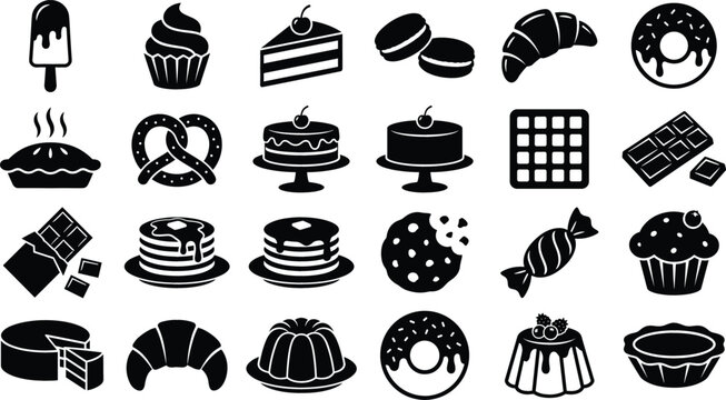 Sweet dessert bakery glyph icons set including cake donut cupcake pretzel chocolate pancake cookie pastry and waffle vectors