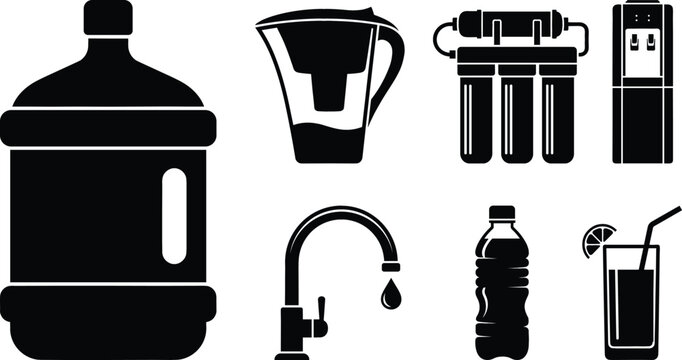 Water purification filtration and clean drinking system glyph icons set including cooler dispenser bottle filter and faucet vectors