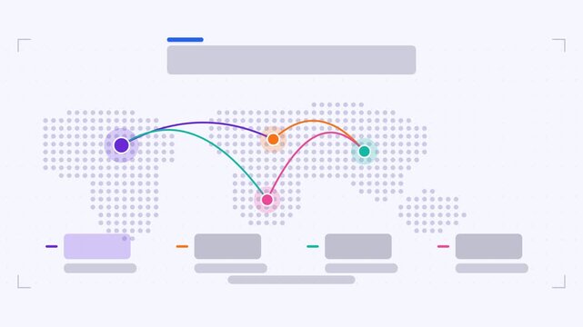 Animated flow map infographic in a modern flat vector style, arcs drawing in a smooth 4K loop. Blank text placeholders and blue and azure accents sit on a bright light background so headings and numbe